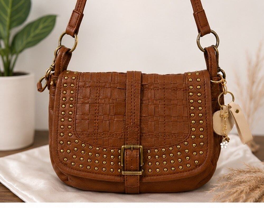 The Sak Brown Leather Studded Crossbody Bag Woven Flap Boho Purse + Dust Bag